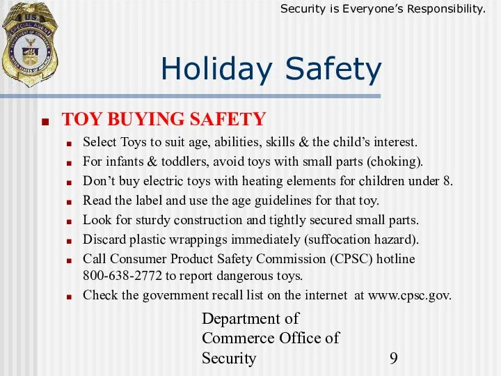 Department of Commerce Office of Security Holiday Safety TOY BUYING SAFETY