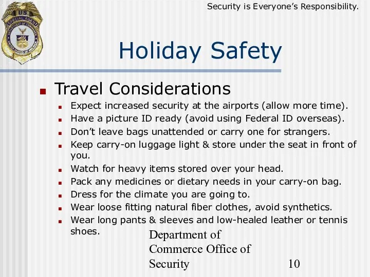 Department of Commerce Office of Security Holiday Safety Travel Considerations Expect