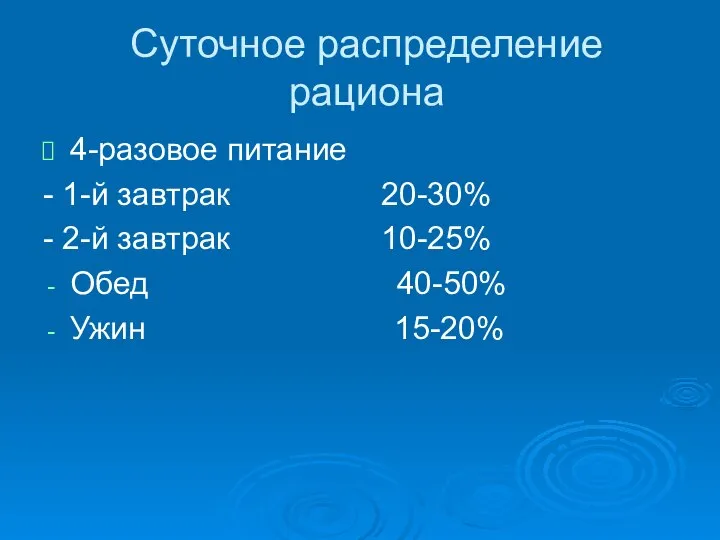 Суточное распределение рациона 4-разовое питание - 1-й завтрак 20-30% - 2-й