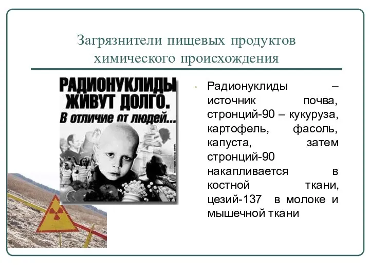 Загрязнители пищевых продуктов химического происхождения Радионуклиды – источник почва, стронций-90 –