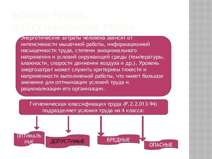 Энергетические затраты человека зависят от интенсивности мышечной работы, информационной насыщенности труда,