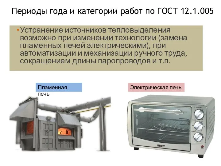 Устранение источников тепловыделения возможно при изменении технологии (замена пламенных печей электрическими),