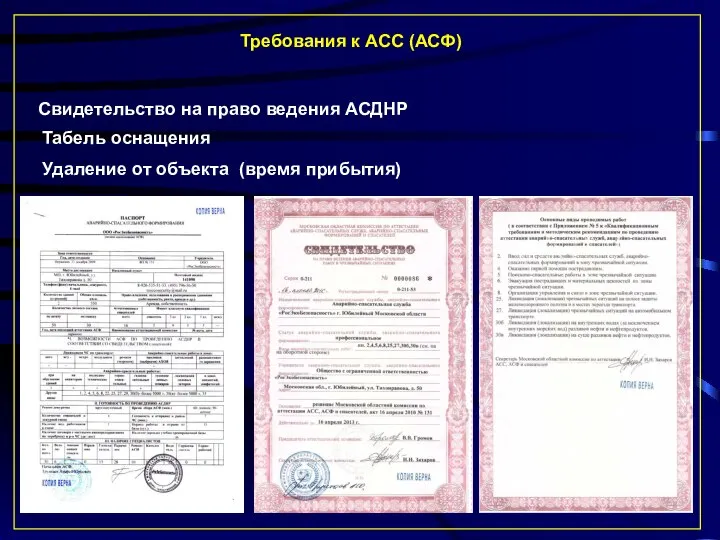 Требования к АСС (АСФ) Свидетельство на право ведения АСДНР Табель оснащения Удаление от объекта (время прибытия)