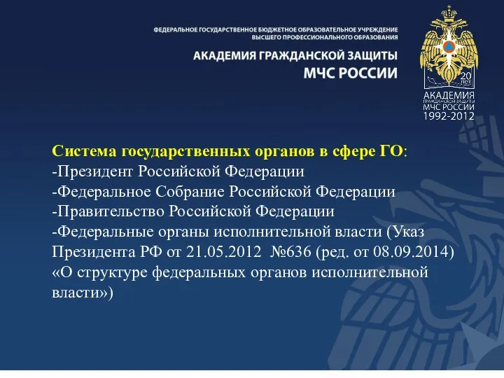 Система государственных органов в сфере ГО: -Президент Российской Федерации -Федеральное Собрание