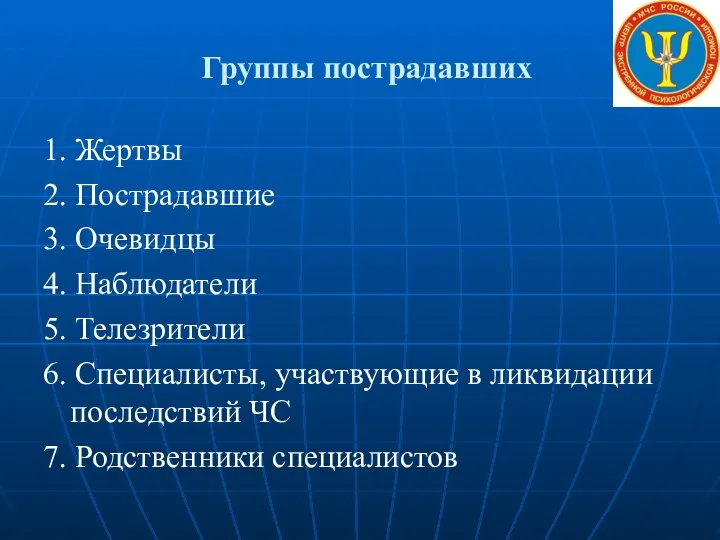 Группы пострадавших 1. Жертвы 2. Пострадавшие 3. Очевидцы 4. Наблюдатели 5.