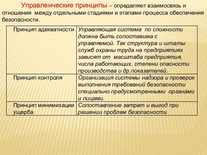 Управленческие принципы – определяют взаимосвязь и отношения между отдельными стадиями и этапами процесса обеспечения безопасности.