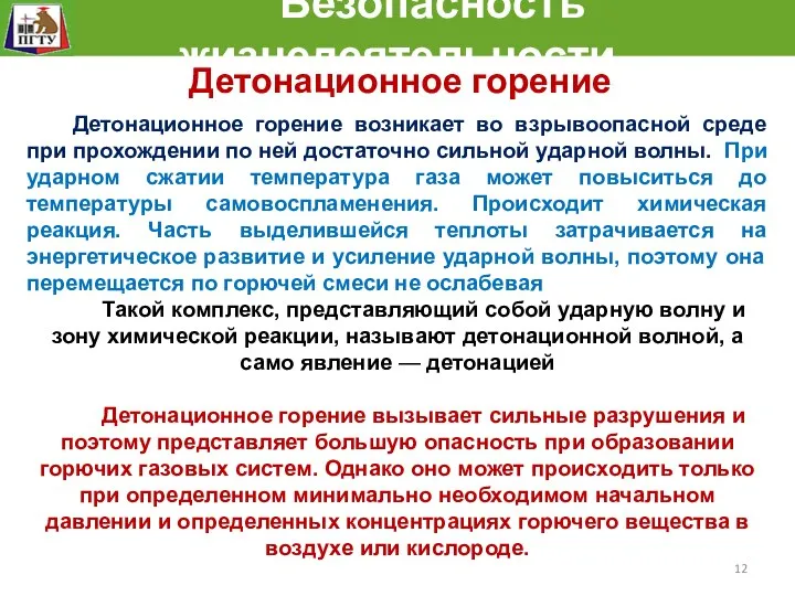 Безопасность жизнедеятельности Детонационное горение возникает во взрывоопасной среде при прохождении по