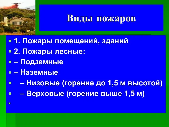 Виды пожаров 1. Пожары помещений, зданий 2. Пожары лесные: – Подземные