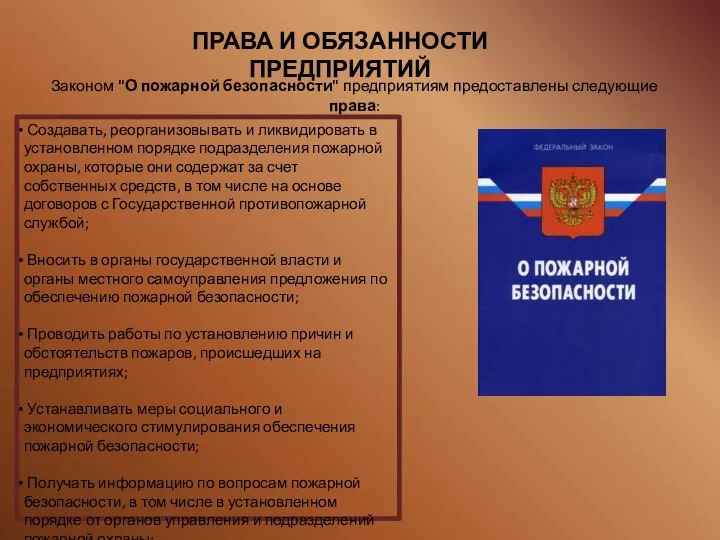 ПРАВА И ОБЯЗАННОСТИ ПРЕДПРИЯТИЙ Законом "О пожарной безопасности" предприятиям предоставлены следующие