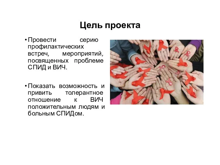 Цель проекта Провести серию профилактических встреч, мероприятий, посвященных проблеме СПИД и