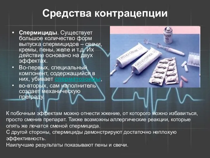 Средства контрацепции Спермициды. Существует большое количество форм выпуска спермицидов – свечи,