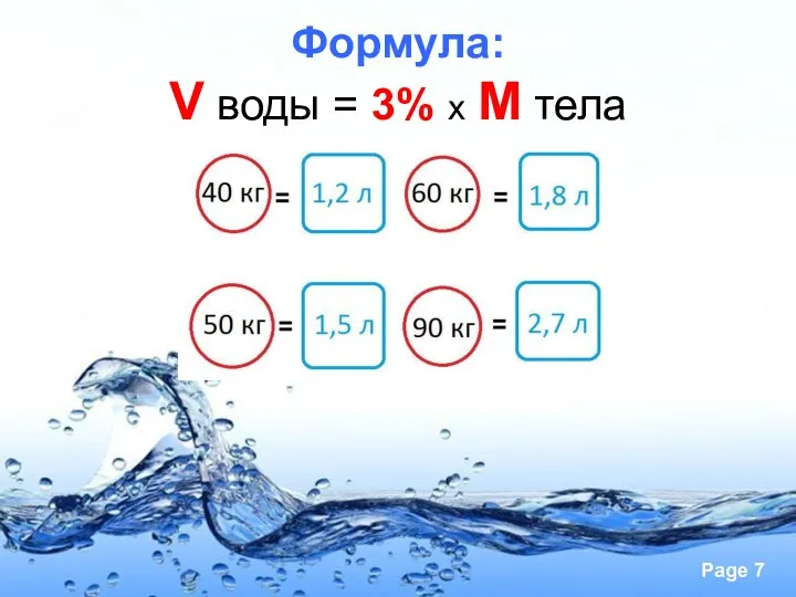 Формула: V воды = 3% х М тела