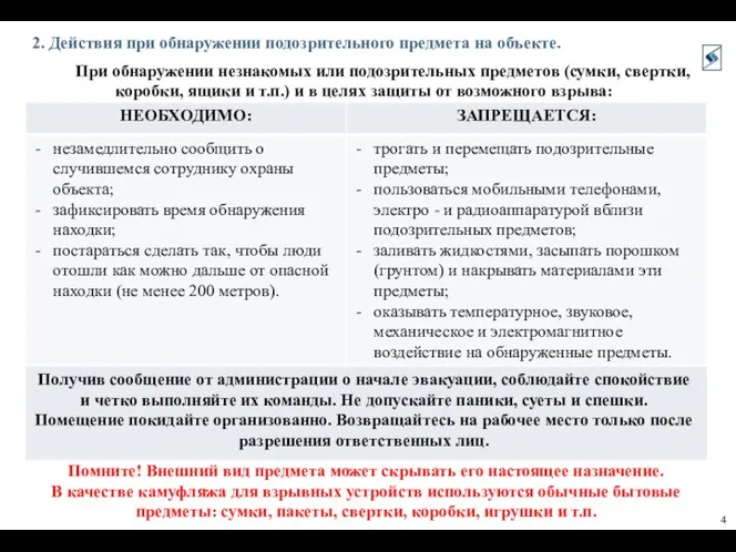 2. Действия при обнаружении подозрительного предмета на объекте. При обнаружении незнакомых