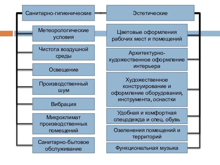 Санитарно-гигиенические Метеорологические условия Эстетические Чистота воздушной среды Вибрация Освещение Производственный шум