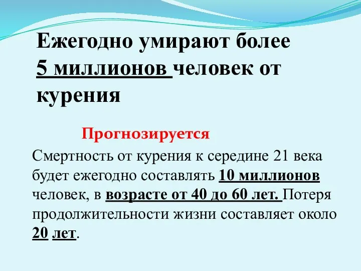 Ежегодно умирают более 5 миллионов человек от курения Прогнозируется Смертность от