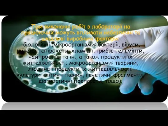 При виконанні робіт в лабораторії на працюючих можуть впливати небезпечні та