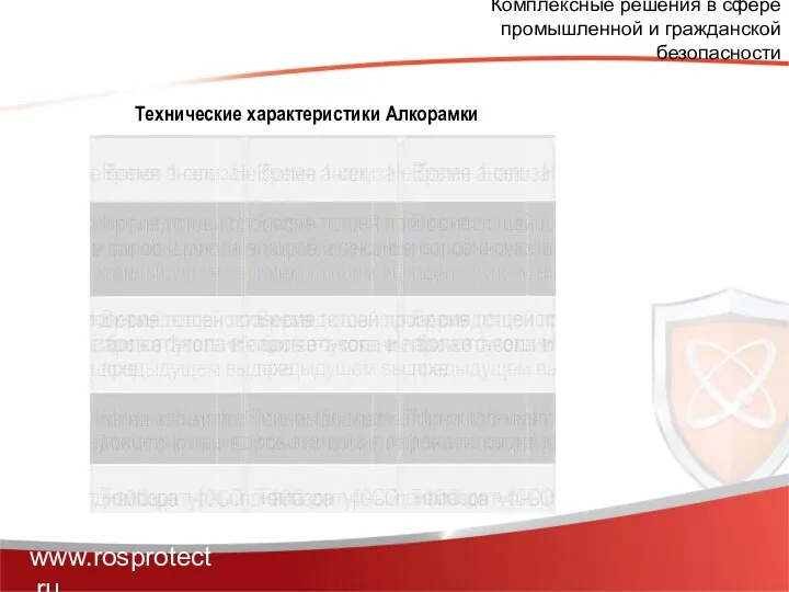 Комплексные решения в сфере промышленной и гражданской безопасности www.rosprotect.ru Технические характеристики Алкорамки
