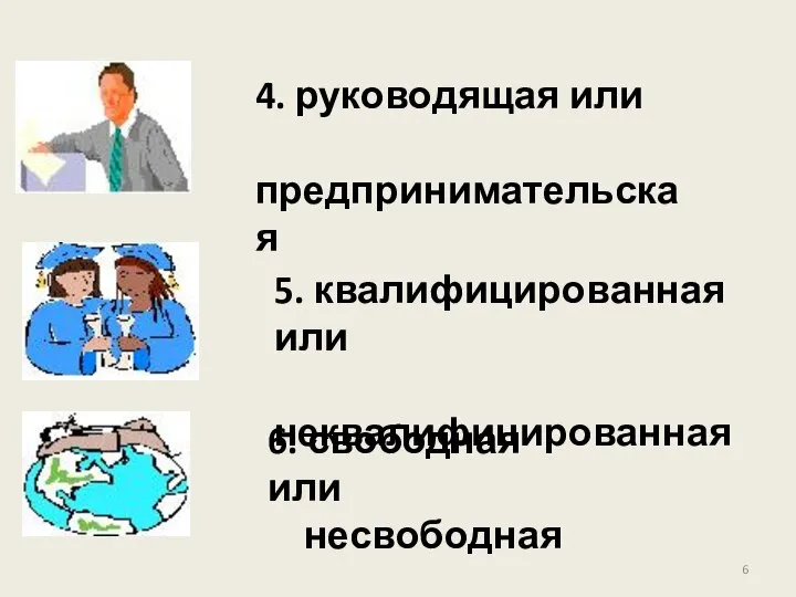 5. квалифицированная или неквалифицированная 6. свободная или несвободная 4. руководящая или предпринимательская