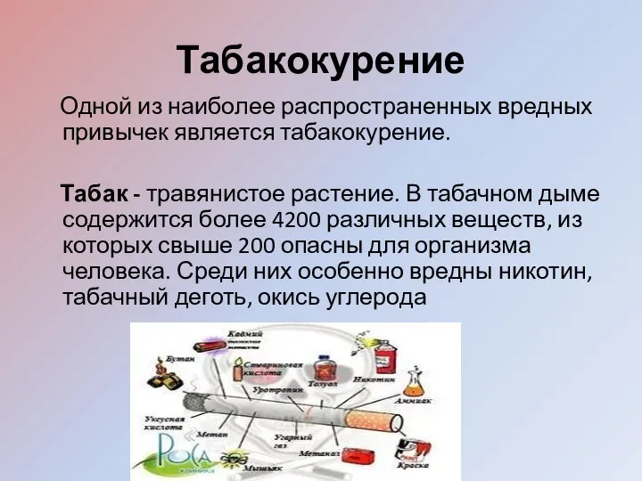 Табакокурение Одной из наиболее распространенных вредных привычек является табакокурение. Табак -