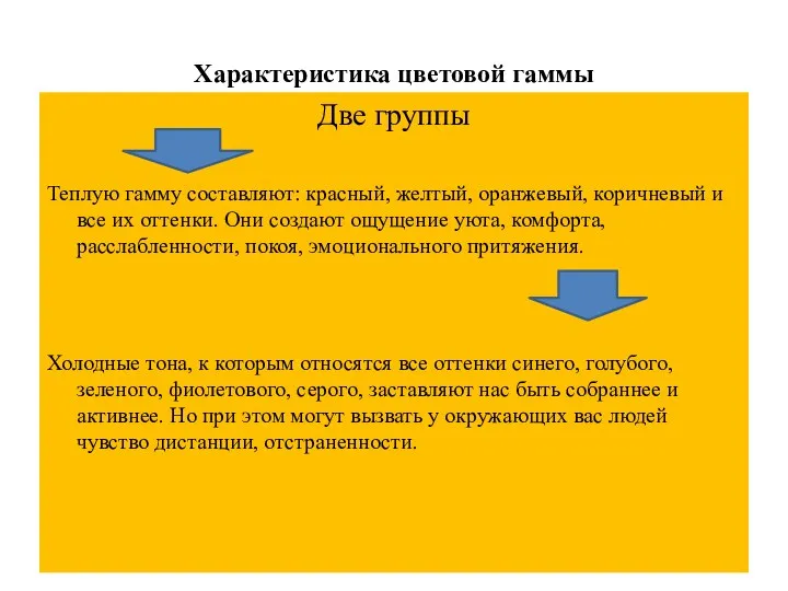 Характеристика цветовой гаммы Две группы Теплую гамму составляют: красный, желтый, оранжевый,