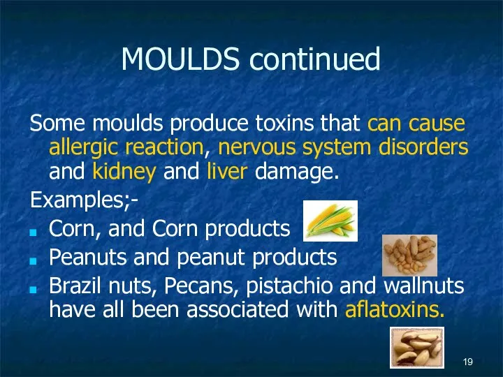 MOULDS continued Some moulds produce toxins that can cause allergic reaction,