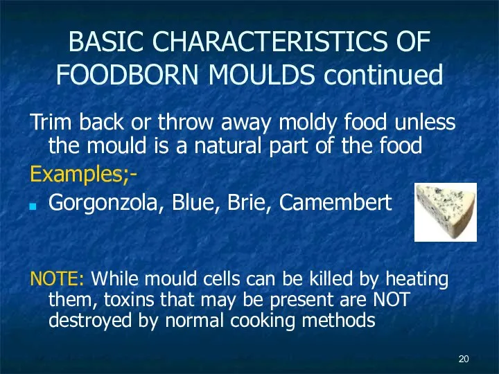 BASIC CHARACTERISTICS OF FOODBORN MOULDS continued Trim back or throw away