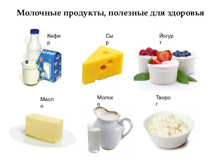 Молочные продукты, полезные для здоровья Кефир Сыр Йогурт Масло Молоко Творог