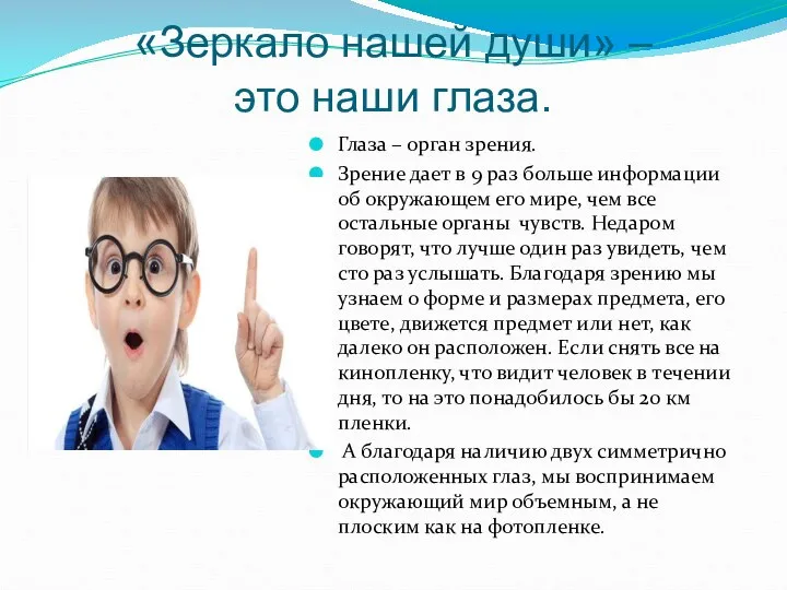 «Зеркало нашей души» – это наши глаза. Глаза – орган зрения.