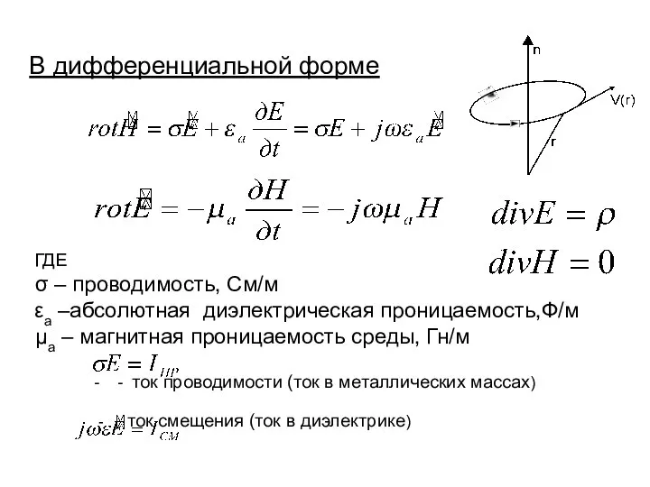 В дифференциальной форме ГДЕ σ – проводимость, См/м εа –абсолютная диэлектрическая