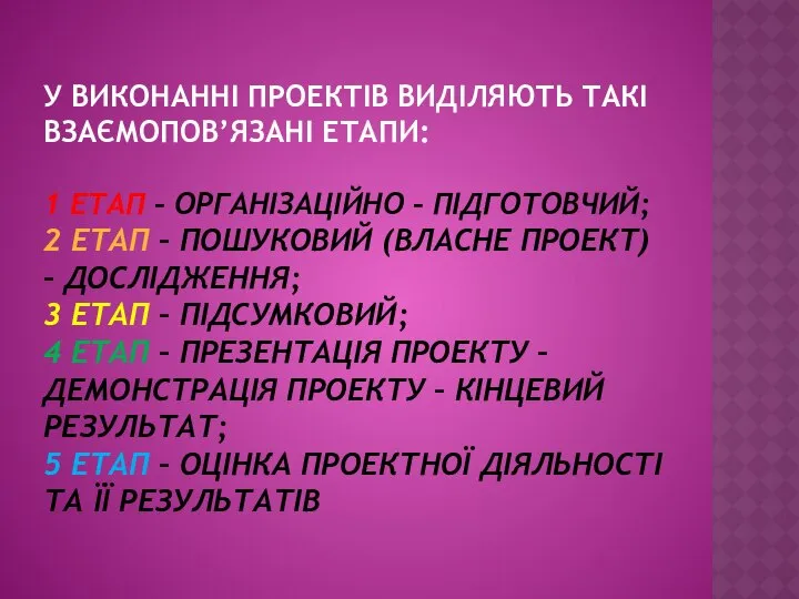 У ВИКОНАННІ ПРОЕКТІВ ВИДІЛЯЮТЬ ТАКІ ВЗАЄМОПОВ’ЯЗАНІ ЕТАПИ: 1 ЕТАП – ОРГАНІЗАЦІЙНО