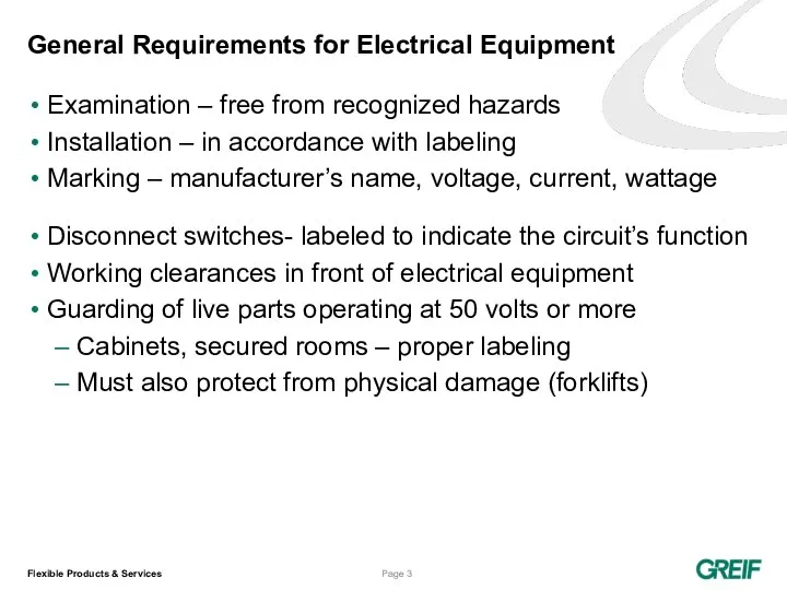 General Requirements for Electrical Equipment Examination – free from recognized hazards