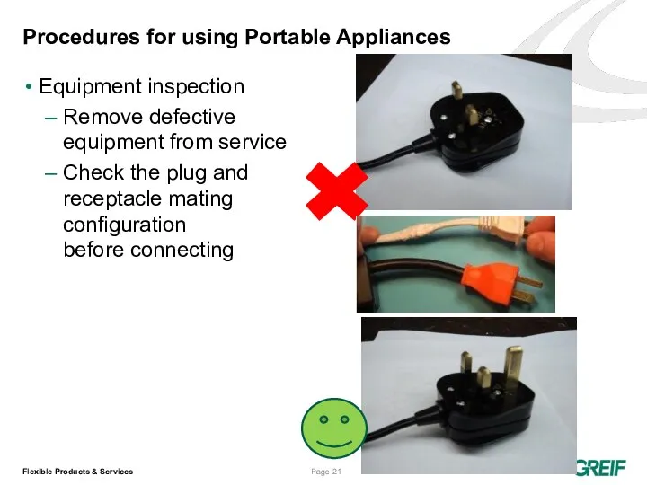 Procedures for using Portable Appliances Equipment inspection Remove defective equipment from