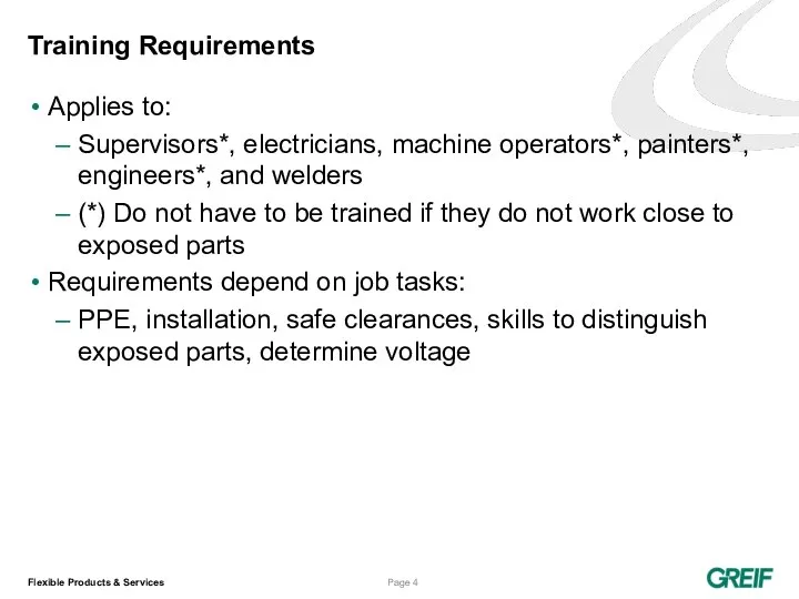 Training Requirements Applies to: Supervisors*, electricians, machine operators*, painters*, engineers*, and