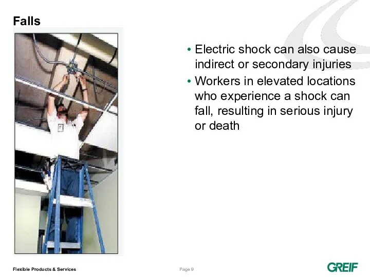 Falls Electric shock can also cause indirect or secondary injuries Workers