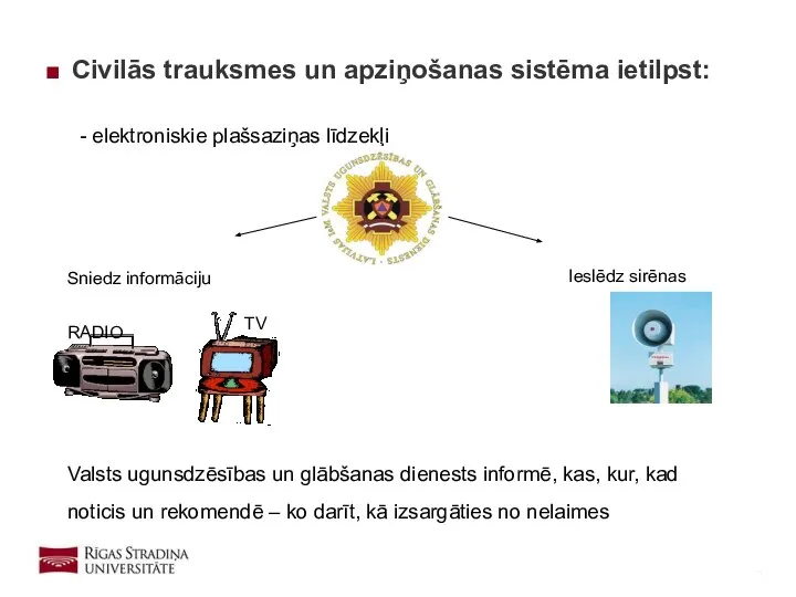 Civilās trauksmes un apziņošanas sistēma ietilpst: - elektroniskie plašsaziņas līdzekļi Sniedz