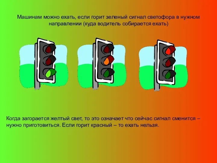 Машинам можно ехать, если горит зеленый сигнал светофора в нужном направлении
