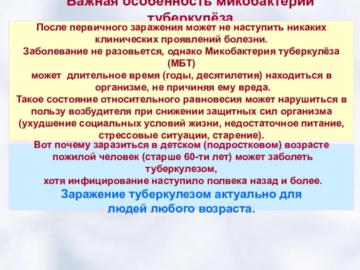 Важная особенность микобактерии туберкулёза После первичного заражения может не наступить никаких