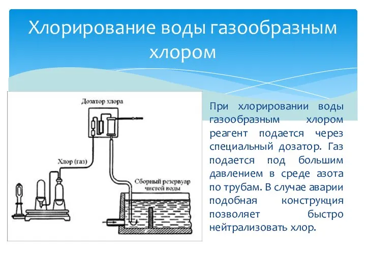 При хлорировании воды газообразным хлором реагент подается через специальный дозатор. Газ