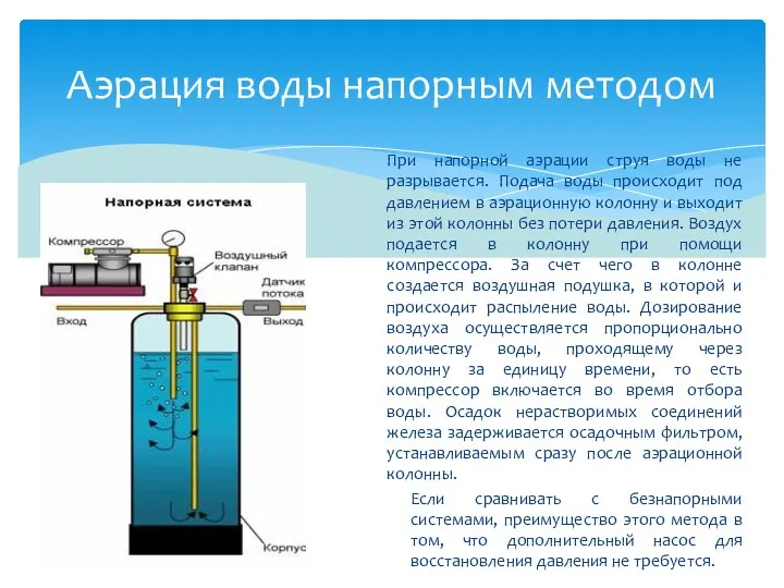 При напорной аэрации струя воды не разрывается. Подача воды происходит под