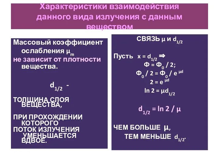 Характеристики взаимодействия данного вида излучения с данным веществом Массовый коэффициент ослабления