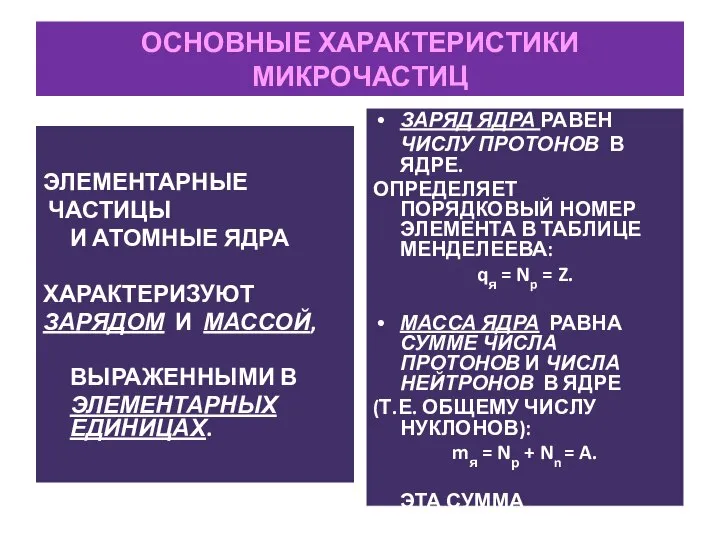 ОСНОВНЫЕ ХАРАКТЕРИСТИКИ МИКРОЧАСТИЦ ЭЛЕМЕНТАРНЫЕ ЧАСТИЦЫ И АТОМНЫЕ ЯДРА ХАРАКТЕРИЗУЮТ ЗАРЯДОМ И