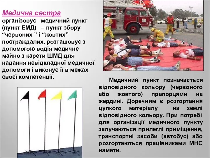 Медичний пункт позначається відповідного кольору (червоного або жовтого) прапорцями на жердині.