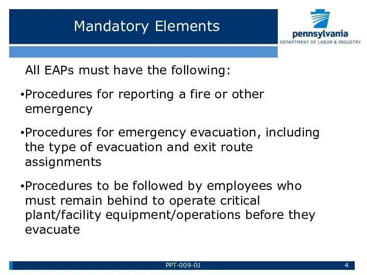 Mandatory Elements All EAPs must have the following: Procedures for reporting