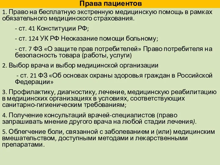 Права пациентов 1. Право на бесплатную экстренную медицинскую помощь в рамках