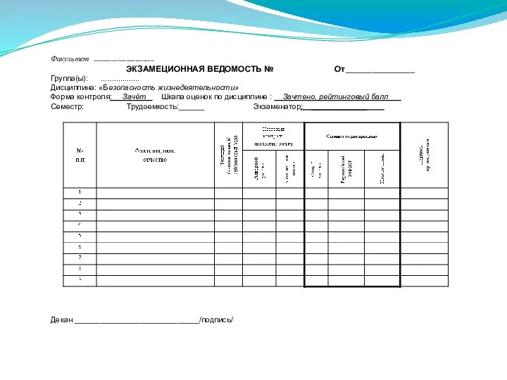 Факультет ....................................... ЭКЗАМЕЦИОННАЯ ВЕДОМОСТЬ № От________________ Группа(ы): .................. Дисциплина: «Безопасность жизнедеятельности»