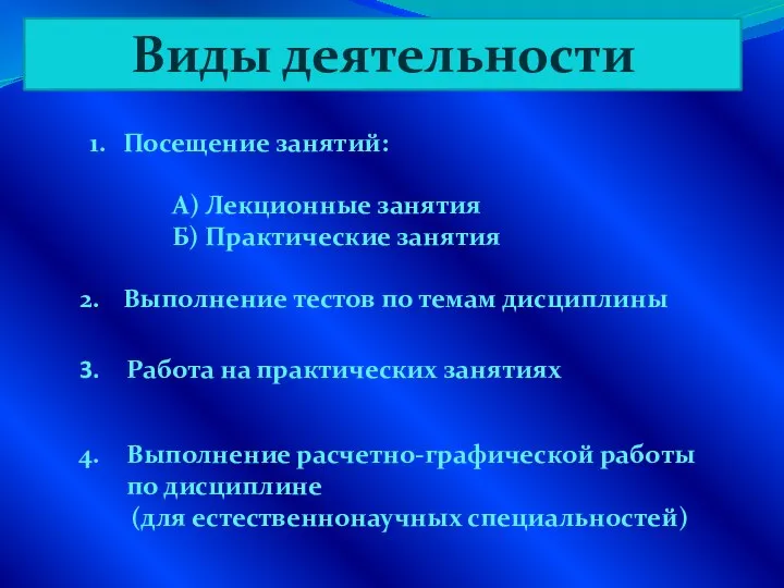 Виды деятельности Посещение занятий: А) Лекционные занятия Б) Практические занятия Выполнение