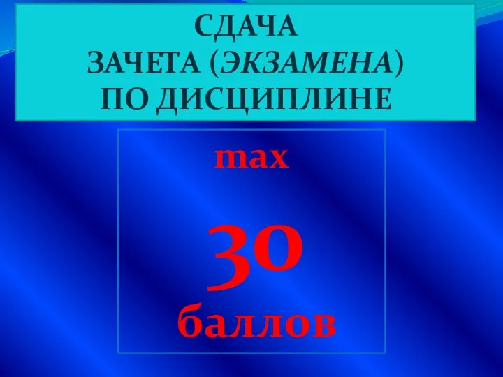 СДАЧА ЗАЧЕТА (ЭКЗАМЕНА) ПО ДИСЦИПЛИНЕ max 30 баллов