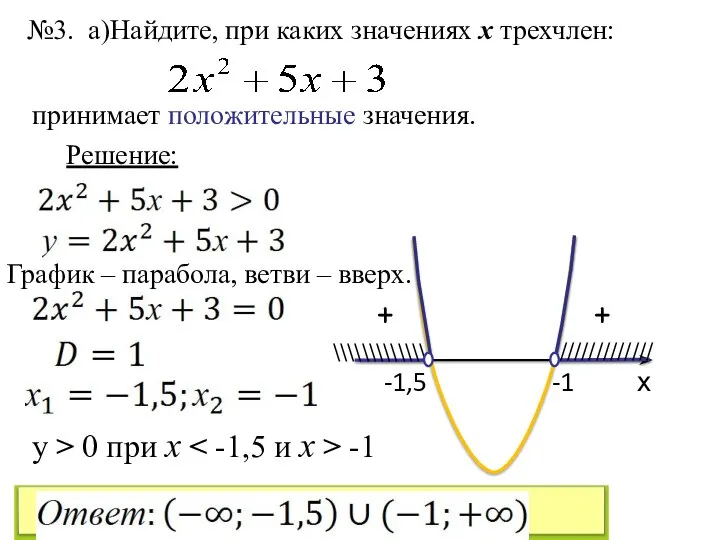 №3. а)Найдите, при каких значениях х трехчлен: принимает положительные значения. Решение: