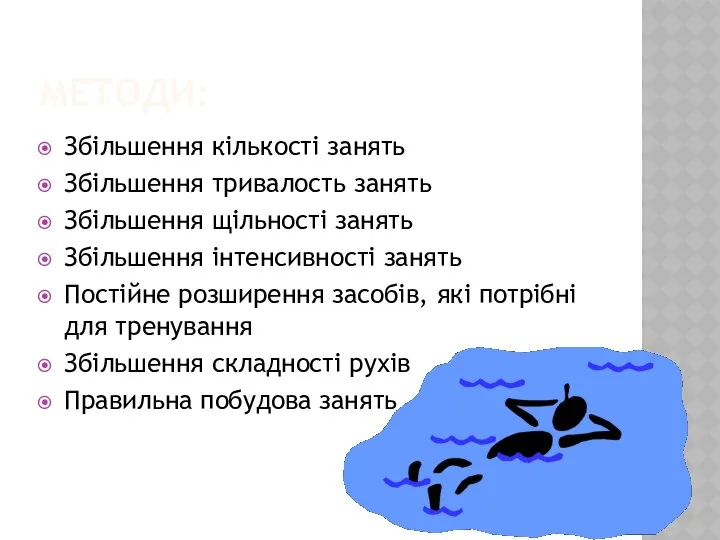 МЕТОДИ: Збільшення кількості занять Збільшення тривалость занять Збільшення щільності занять Збільшення