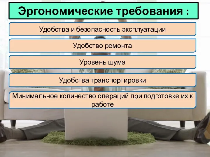 Эргономические требования : Удобства и безопасность эксплуатации Удобство ремонта Уровень шума